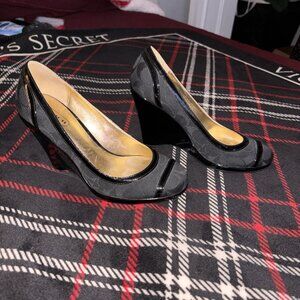 Coach Black Gray Logo Pattern Wedge Slip-On Pumps Women's Fabric Heels